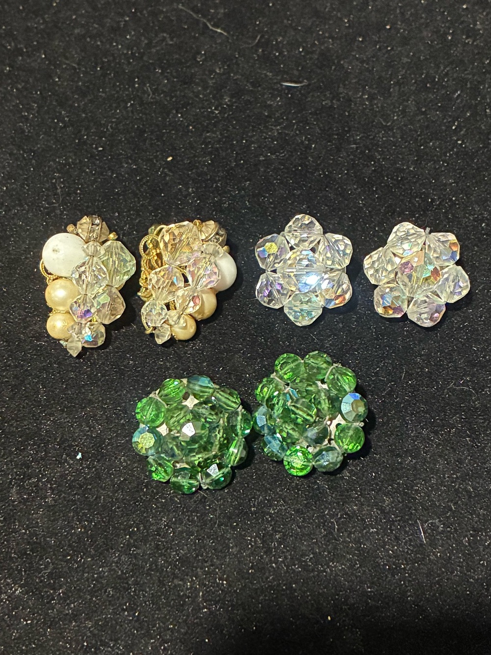 Vintage Mid Century Glass Aurora Borealis Faceted Crystal Cluster Earring Bundle